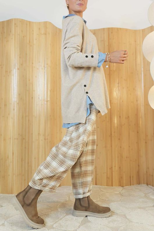 Elodie V Neck Button Knit Oatmeal Marl